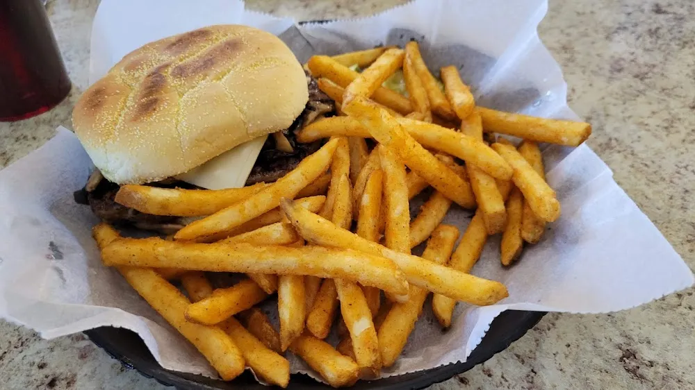 Mushroom Swiss Burger and Fries